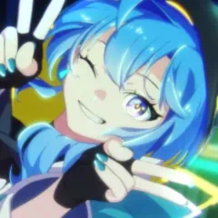 OmegaSunkey's avatar. Photo that shows Hoshimachi Suisei from Hololive doing the peace sign while falling from a high altitude. The photo is cropped on a way that only shows her face and hands