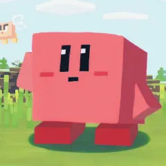 Illustration of Kirby with the shape of a cube in the plains. Author: suyasuyabi