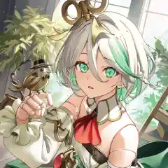 Illustration showcasing Cecilia Immergreen, from Hololive Justice branch. She has white hair with green strands, and, as she is an Automata, she has a winding key on her head, as well as marked doll joints on her body.